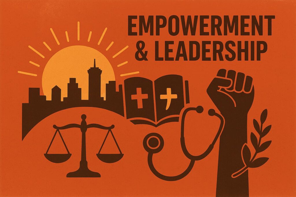 Illustration with the words 'Empowerment & Leadership' showing symbols of justice scales, city skyline with sun, open book with crosses, stethoscope, raised fist, and olive branch.