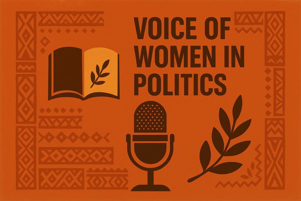 Illustration with the words 'Voice of Women in Politics' featuring an open book, a microphone, olive branch, and decorative border patterns