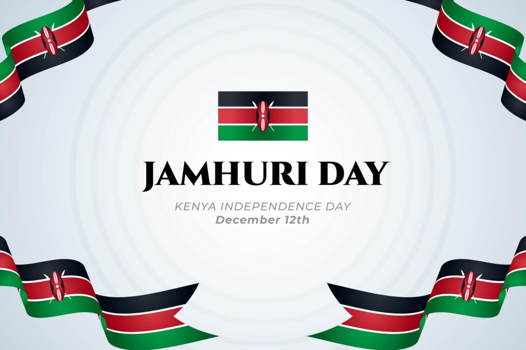 A celebratory graphic for Kenya's Jamhuri Day featuring the national flag with black, red, and green stripes and a white Maasai shield with spears, surrounded by ribbon-like Kenyan flags. The text reads 'JAMHURI DAY', 'KENYA INDEPENDENCE DAY', and 'December 12th', commemorating Kenya's independence from British colonial rule