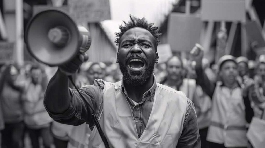A dynamic protest scene featuring a person in the foreground speaking into a megaphone, surrounded by a crowd of demonstrators holding signs and raising fists, symbolizing collective action and advocacy during a public demonstration.