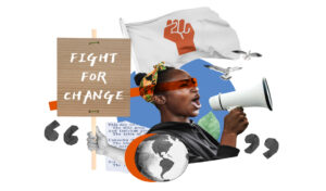 Woman holding a megaphone and protest sign that says "Fight for Change" symbolizing political propaganda and activism.
