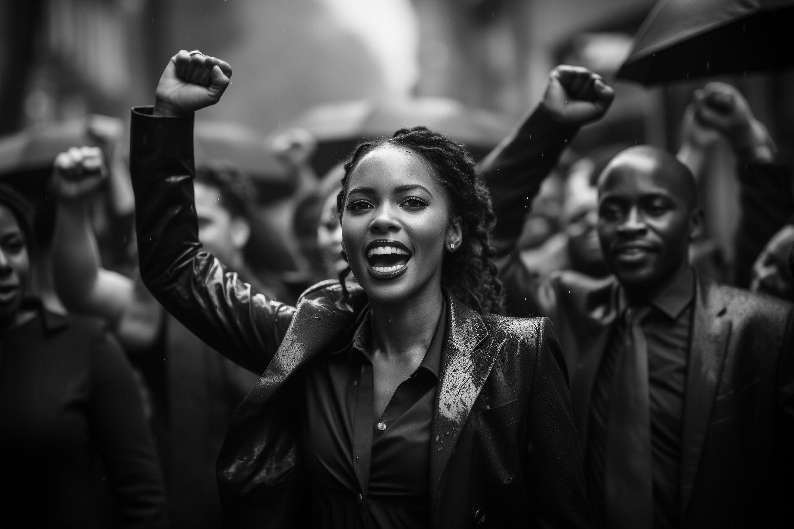 A woman raises her fist in the air, symbolizing strength and solidarity