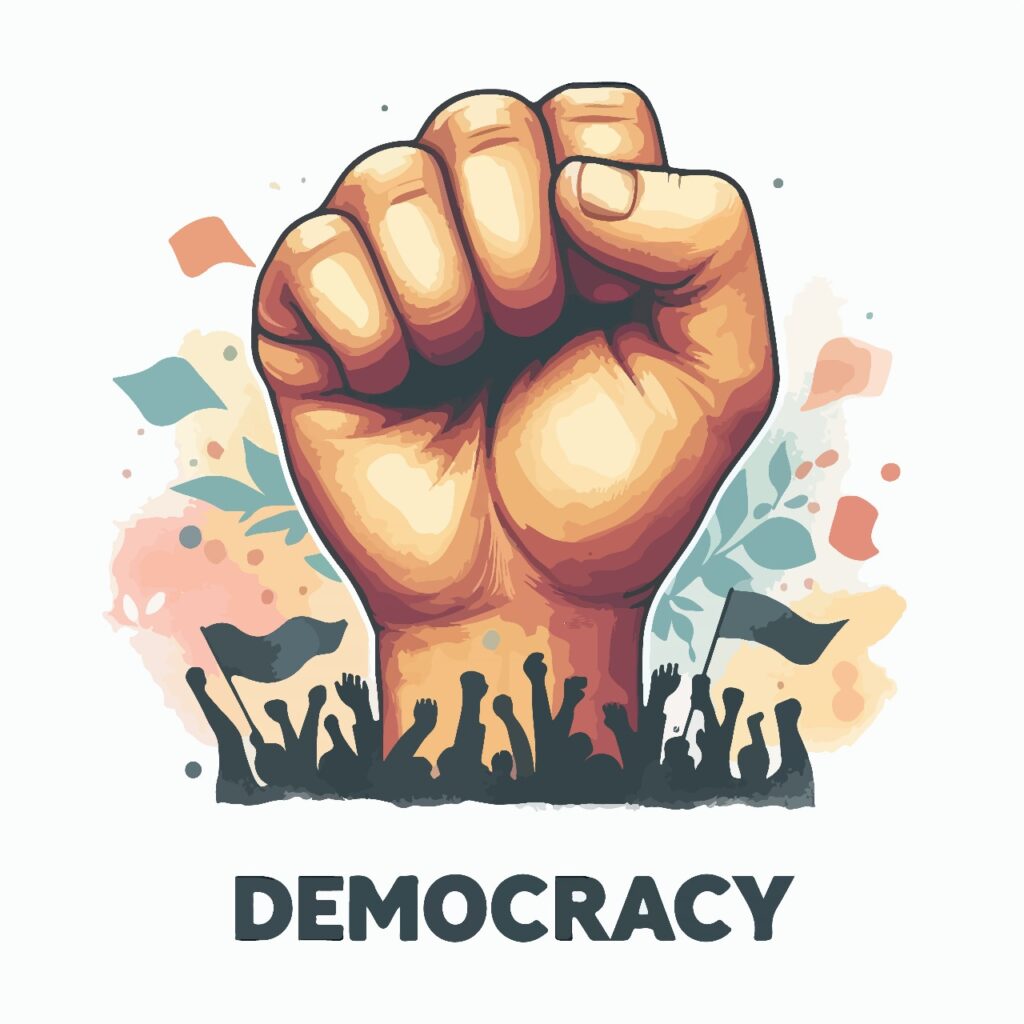 Illustration of a raised fist symbolizing strength and unity, with a crowd of people holding flags and raising hands below, and the word 'DEMOCRACY' boldly displayed at the bottom.