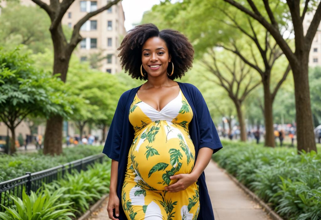 A woman walks through a tree-lined urban park in Kenya, symbolizing the everyday journey of motherhood and the need for accessible maternal health care.