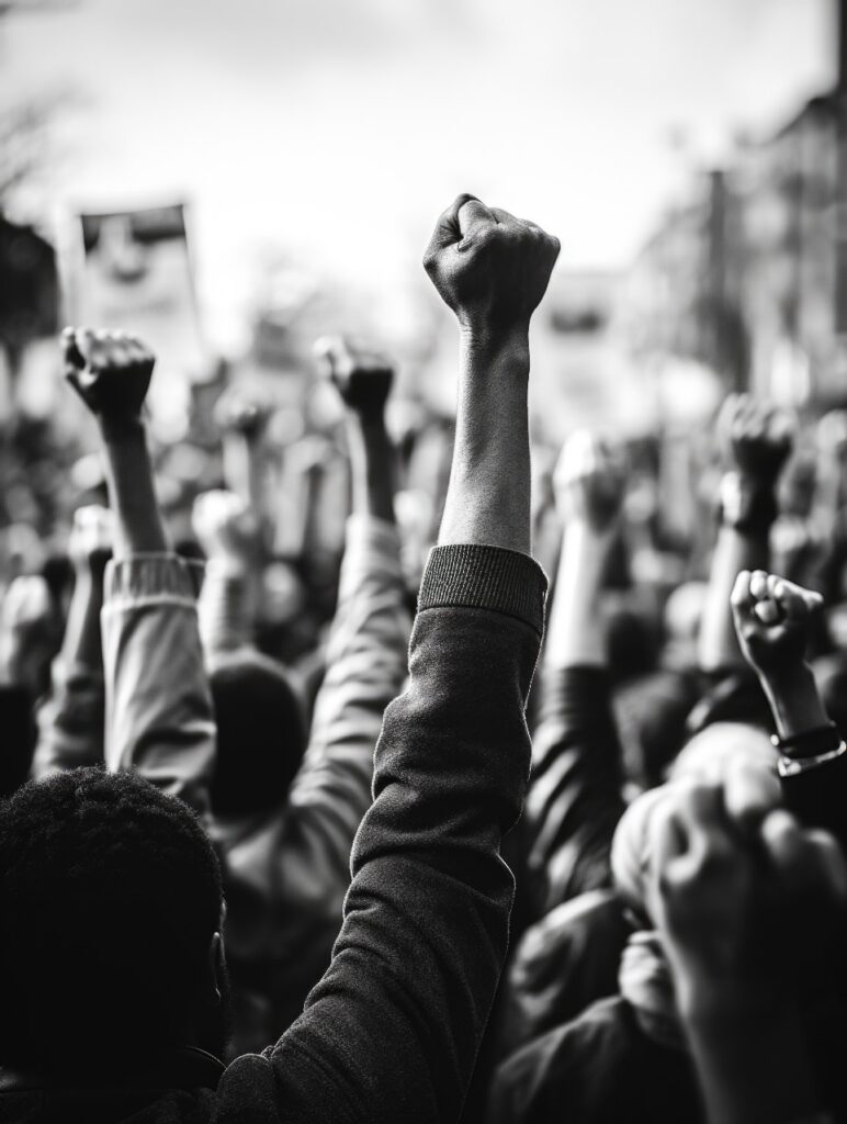 Black and white photo of a crowd with raised fists, symbolizing solidarity and protest during a social or political demonstration.