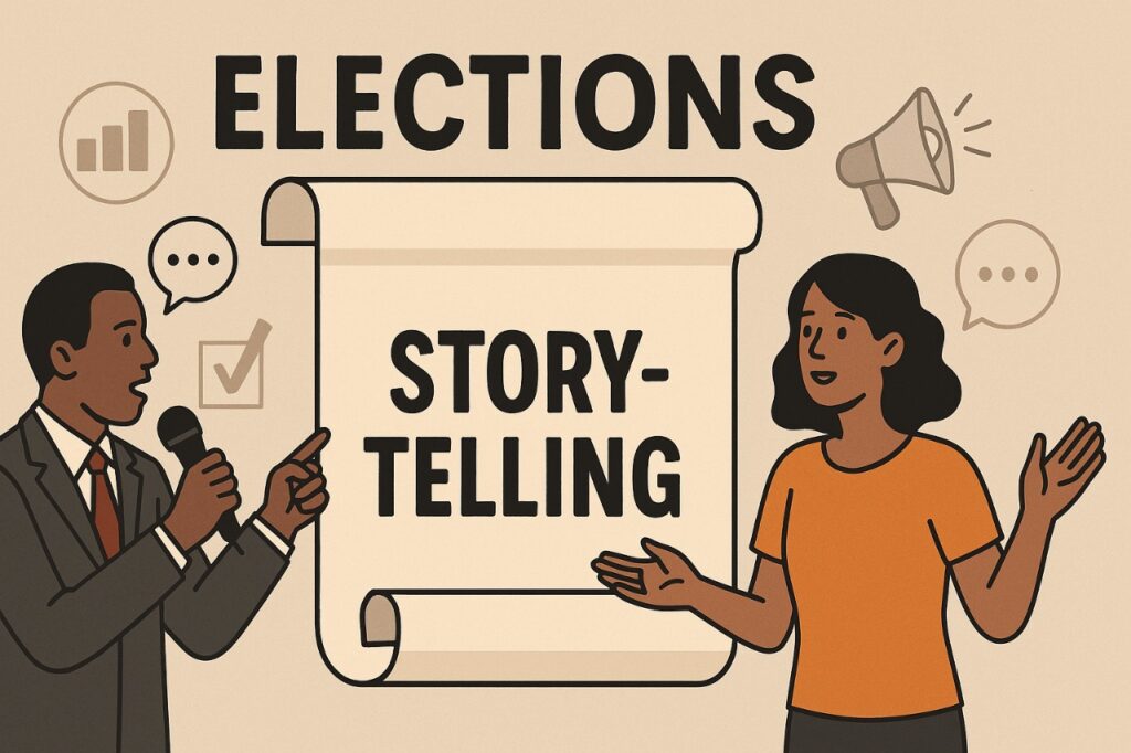 Two people discussing storytelling in elections, with a scroll labeled "STORY-TELLING" and icons representing communication, data, and trust.