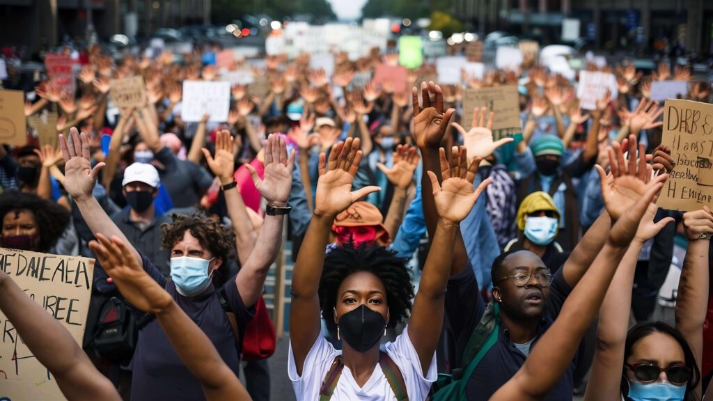 A large crowd of protesters raising their hands in solidarity during a street demonstration, with many wearing face masks and holding signs calling for justice and equality.