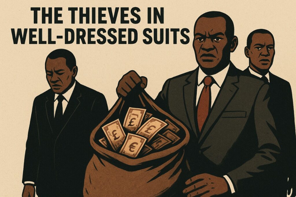 Illustration of three individuals in formal suits holding a large bag filled with currency notes, with bold text above reading 'The Thieves in Well-Dressed Suits'.