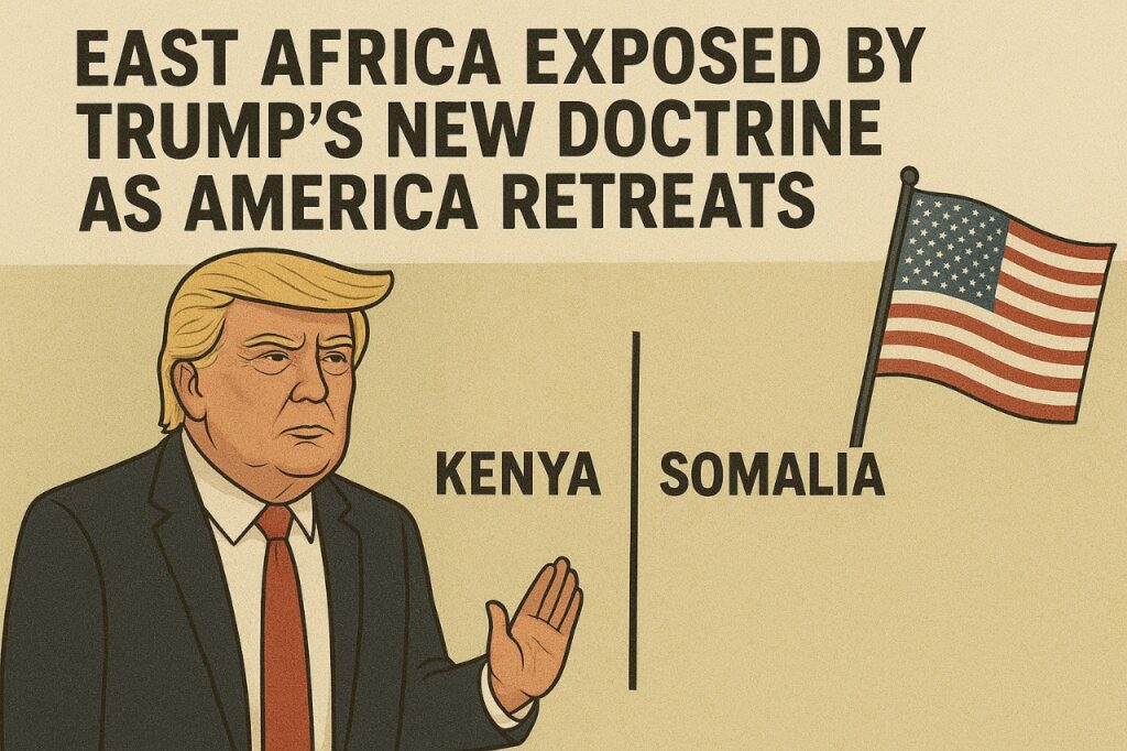 Illustration showing former U.S. President Donald Trump raising his hand beside a waving American flag, with the text “East Africa Exposed by Trump’s New Doctrine as America Retreats.” Below the text are the country names “Kenya” and “Somalia,” separated by a vertical line.
