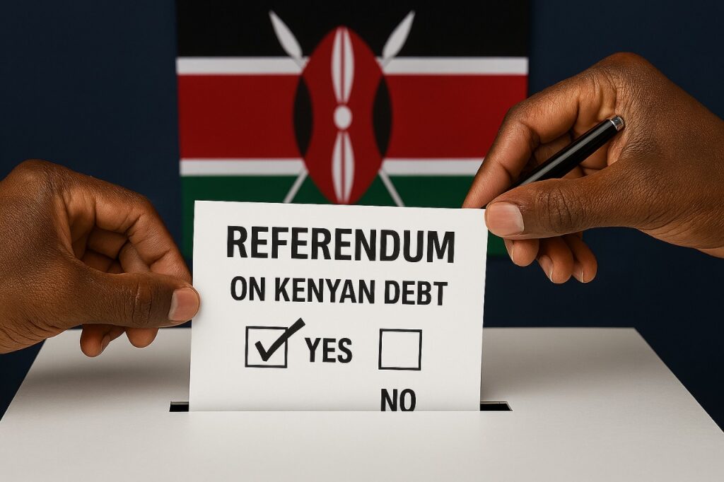 Hands holding a ballot marked YES for a referendum on Kenyan debt, with the Kenyan flag in the background.