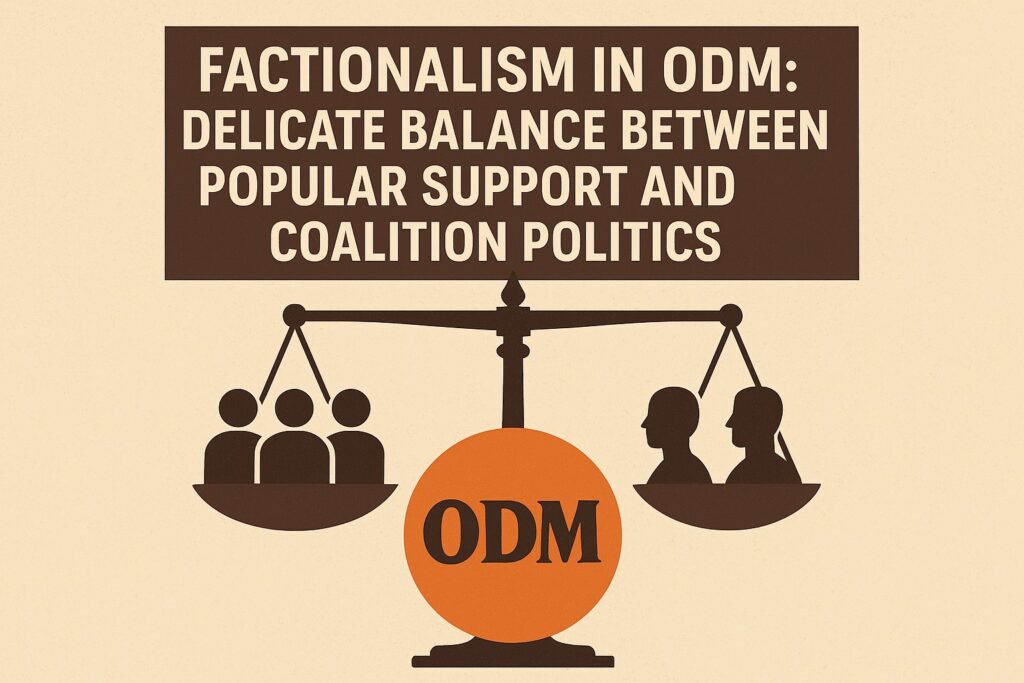 Illustration showing ODM symbol balanced between popular support and coalition politics, representing factional tensions within the party