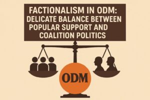 Illustration showing ODM symbol balanced between popular support and coalition politics, representing factional tensions within the party