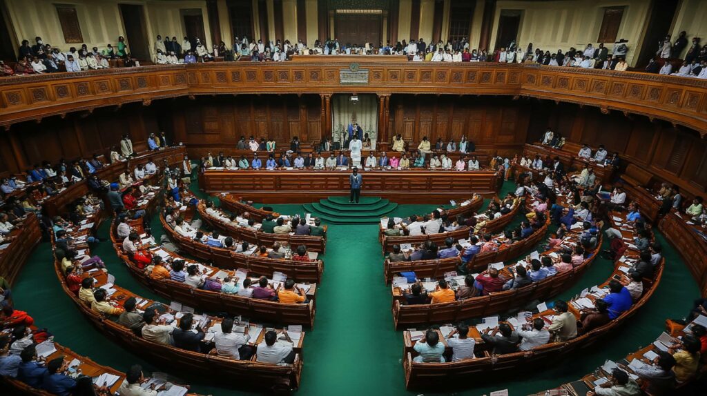 Interior of a legislative assembly hall with members seated in curved wooden benches during a formal session, featuring ornate wood paneling and green carpeting