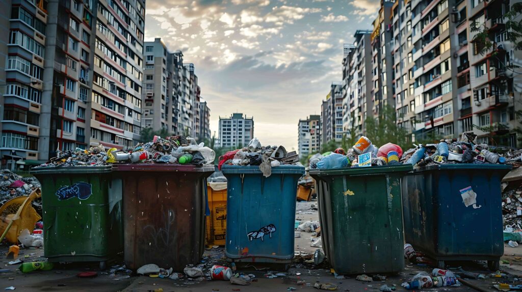 Overflowing garbage bins in Nairobi urban area with litter scattered around, highlighting waste management and sanitation challenges.