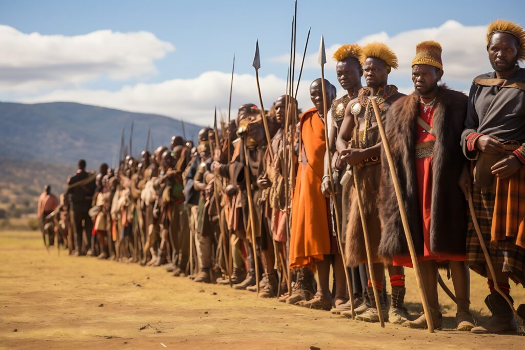 Ceremonial gathering of people in traditional attire with spears and headpieces on African land, symbolising heritage, culture, and minerals of the region.