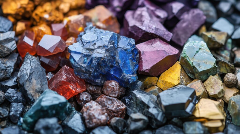 Collection of colourful raw gemstones and mineral specimens showcasing Africa’s land and mineral wealth.