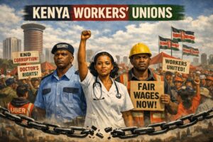 Kenyan workers from different professions — a security guard, nurse, and construction worker — stand united in protest with raised fists and banners calling for fair wages and anti‑corruption, against the backdrop of Nairobi’s skyline and Kenyan flags.
