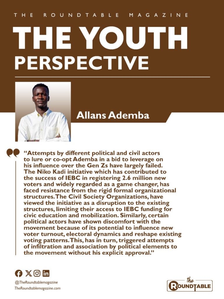 Feature page from The Roundtable Magazine titled “The Youth Perspective” by Allans Ademba, discussing youth influence in politics and civic engagement, with a portrait of Ademba and brown‑white layout design.