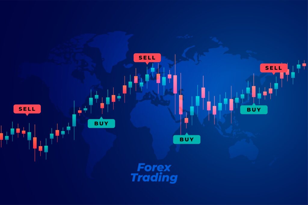 Digital illustration of a forex trading chart with red and blue candlestick patterns over a world map background, labeled with BUY and SELL markers, and the text “Forex Trading” at the bottom.