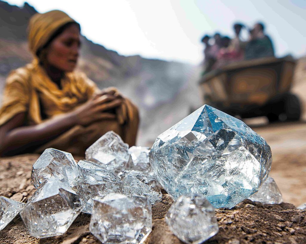 Large uncut diamonds on the ground in a mining area, with a worker in earth‑toned clothing seated nearby and mining equipment visible in the background.