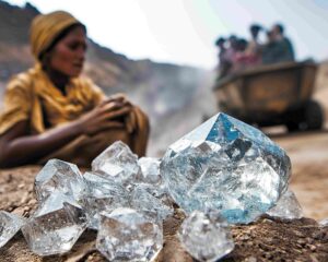 Large uncut diamonds on the ground in a mining area, with a worker in earth‑toned clothing seated nearby and mining equipment visible in the background.